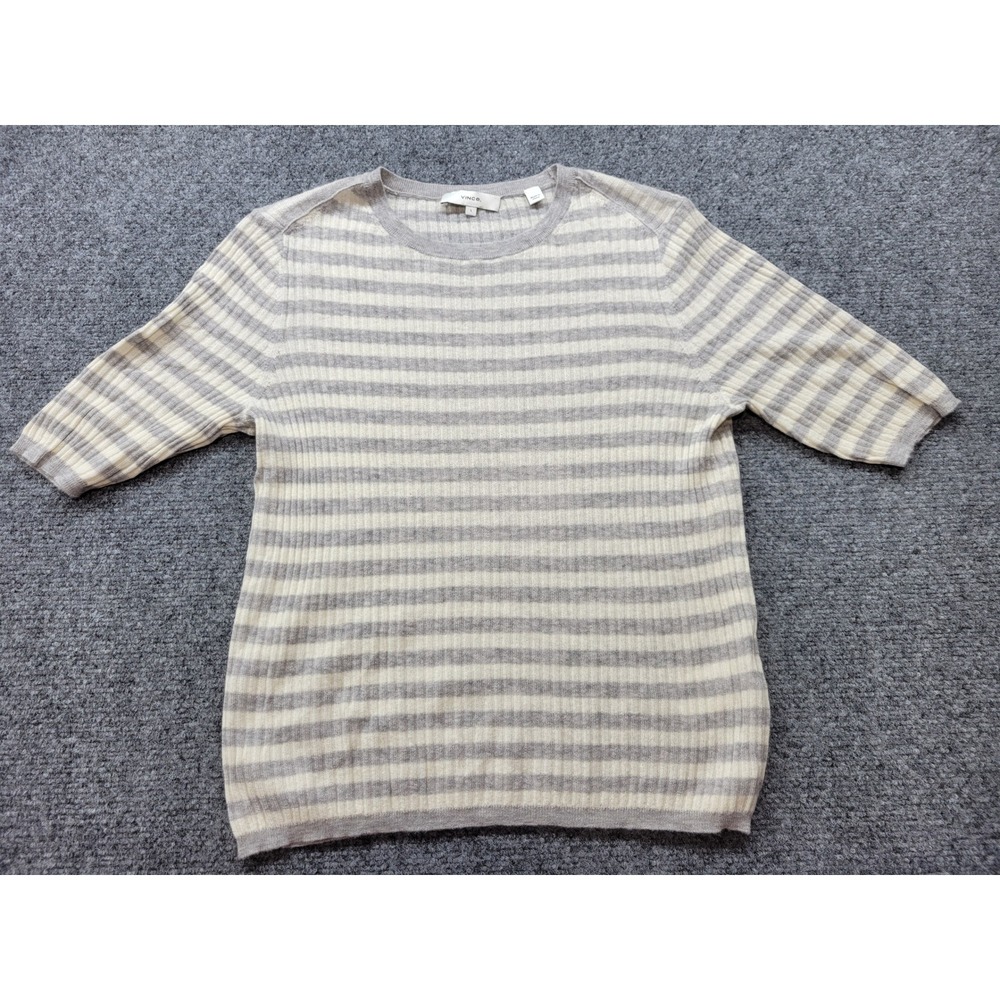 Vince Grey Cream Striped Cashmere Blend Ribbed Short Sleeve Sweater V565478188 L